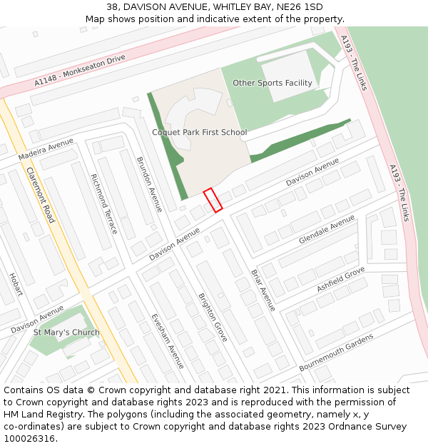 38, DAVISON AVENUE, WHITLEY BAY, NE26 1SD: Location map and indicative extent of plot