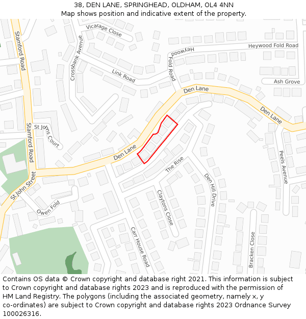 38, DEN LANE, SPRINGHEAD, OLDHAM, OL4 4NN: Location map and indicative extent of plot