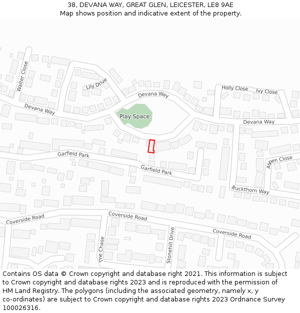 38, DEVANA WAY, GREAT GLEN, LEICESTER, LE8 9AE: Location map and indicative extent of plot