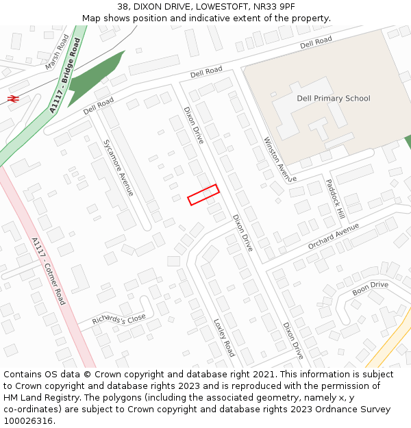 38, DIXON DRIVE, LOWESTOFT, NR33 9PF: Location map and indicative extent of plot