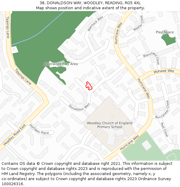 38, DONALDSON WAY, WOODLEY, READING, RG5 4XL: Location map and indicative extent of plot