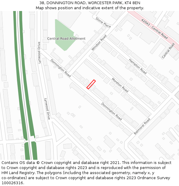 38, DONNINGTON ROAD, WORCESTER PARK, KT4 8EN: Location map and indicative extent of plot
