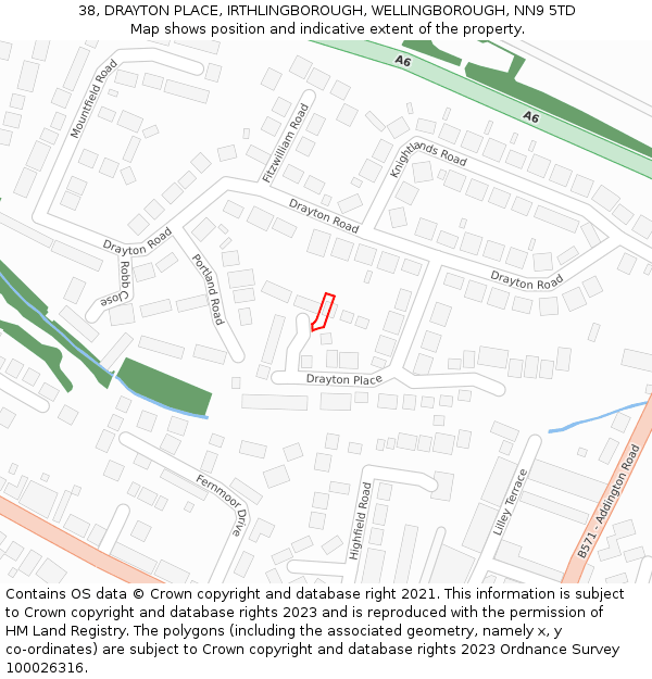 38, DRAYTON PLACE, IRTHLINGBOROUGH, WELLINGBOROUGH, NN9 5TD: Location map and indicative extent of plot