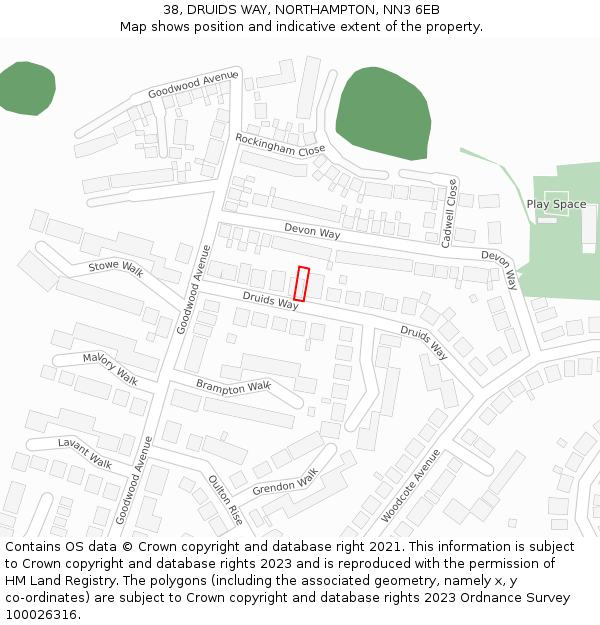 38, DRUIDS WAY, NORTHAMPTON, NN3 6EB: Location map and indicative extent of plot