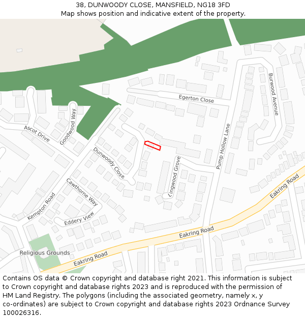 38, DUNWOODY CLOSE, MANSFIELD, NG18 3FD: Location map and indicative extent of plot