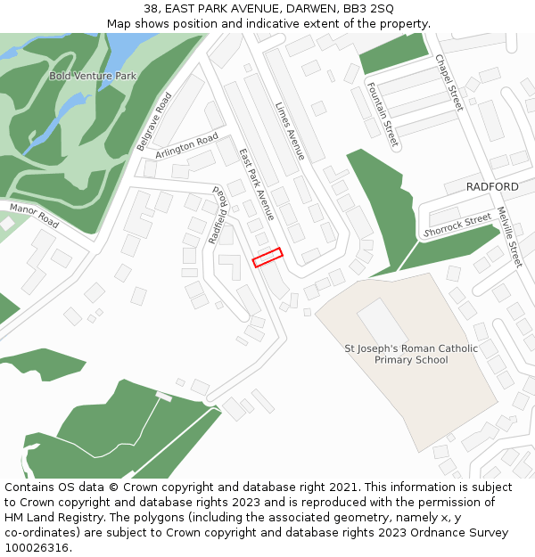 38, EAST PARK AVENUE, DARWEN, BB3 2SQ: Location map and indicative extent of plot