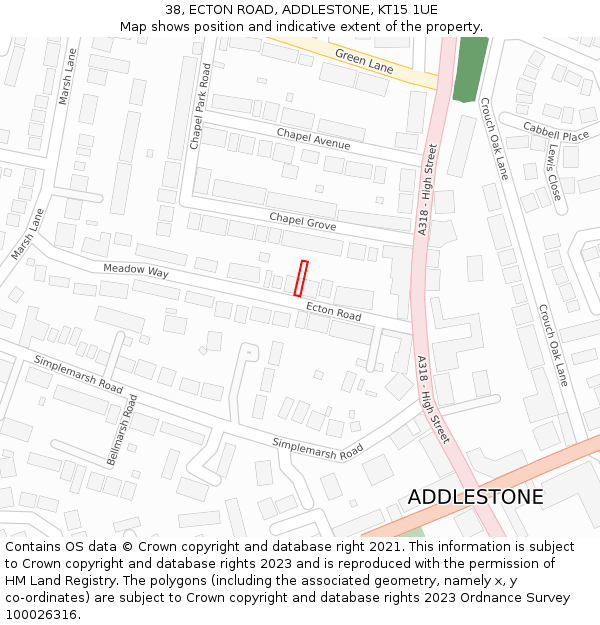 38, ECTON ROAD, ADDLESTONE, KT15 1UE: Location map and indicative extent of plot