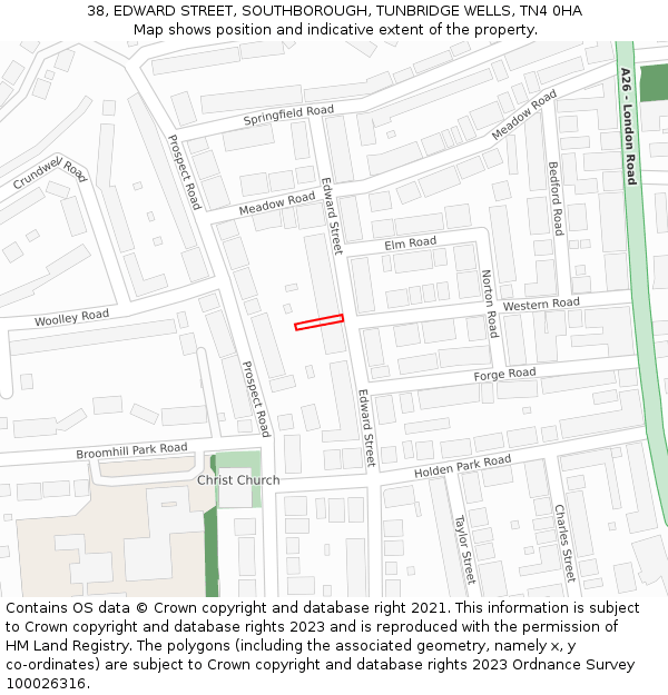 38, EDWARD STREET, SOUTHBOROUGH, TUNBRIDGE WELLS, TN4 0HA: Location map and indicative extent of plot