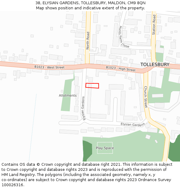 38, ELYSIAN GARDENS, TOLLESBURY, MALDON, CM9 8QN: Location map and indicative extent of plot