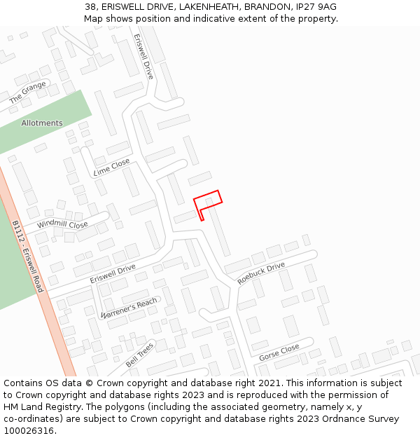 38, ERISWELL DRIVE, LAKENHEATH, BRANDON, IP27 9AG: Location map and indicative extent of plot