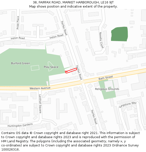 38, FAIRFAX ROAD, MARKET HARBOROUGH, LE16 9JT: Location map and indicative extent of plot