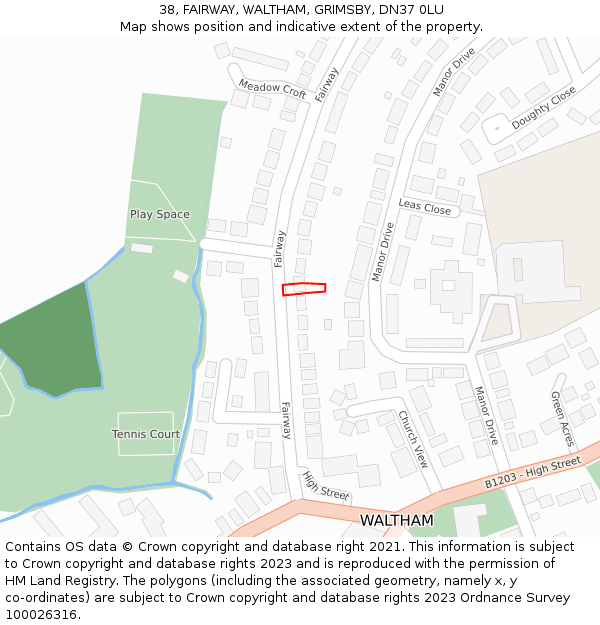 38, FAIRWAY, WALTHAM, GRIMSBY, DN37 0LU: Location map and indicative extent of plot