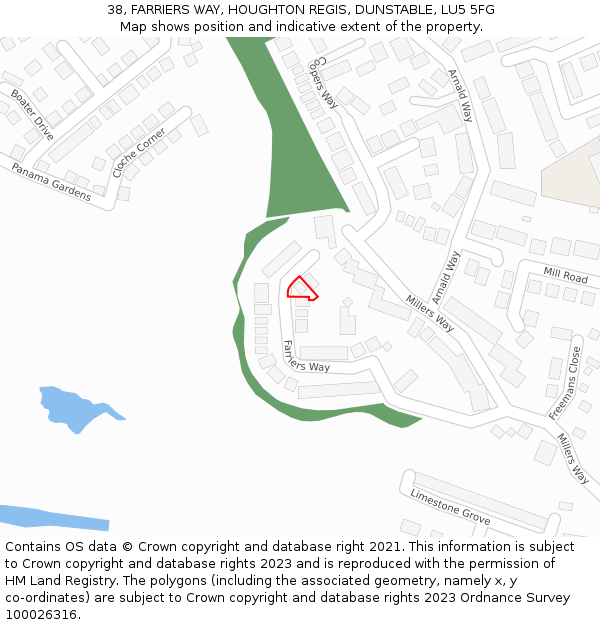 38, FARRIERS WAY, HOUGHTON REGIS, DUNSTABLE, LU5 5FG: Location map and indicative extent of plot