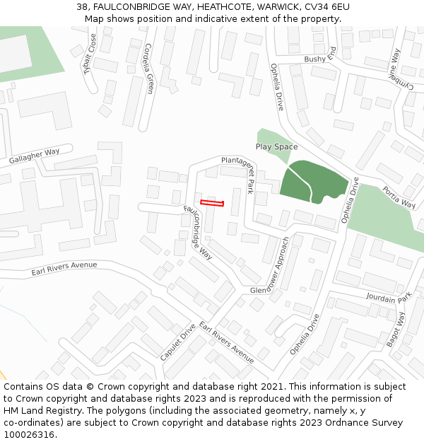 38, FAULCONBRIDGE WAY, HEATHCOTE, WARWICK, CV34 6EU: Location map and indicative extent of plot