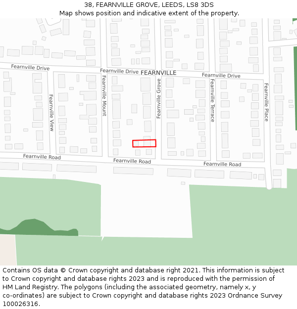 38, FEARNVILLE GROVE, LEEDS, LS8 3DS: Location map and indicative extent of plot