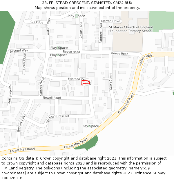 38, FELSTEAD CRESCENT, STANSTED, CM24 8UX: Location map and indicative extent of plot