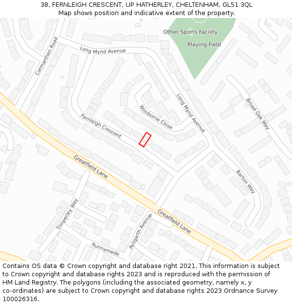 38, FERNLEIGH CRESCENT, UP HATHERLEY, CHELTENHAM, GL51 3QL: Location map and indicative extent of plot