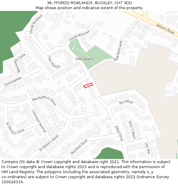 38, FFORDD ROWLANDS, BUCKLEY, CH7 3DD: Location map and indicative extent of plot