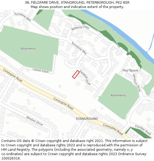 38, FIELDFARE DRIVE, STANGROUND, PETERBOROUGH, PE2 8SR: Location map and indicative extent of plot