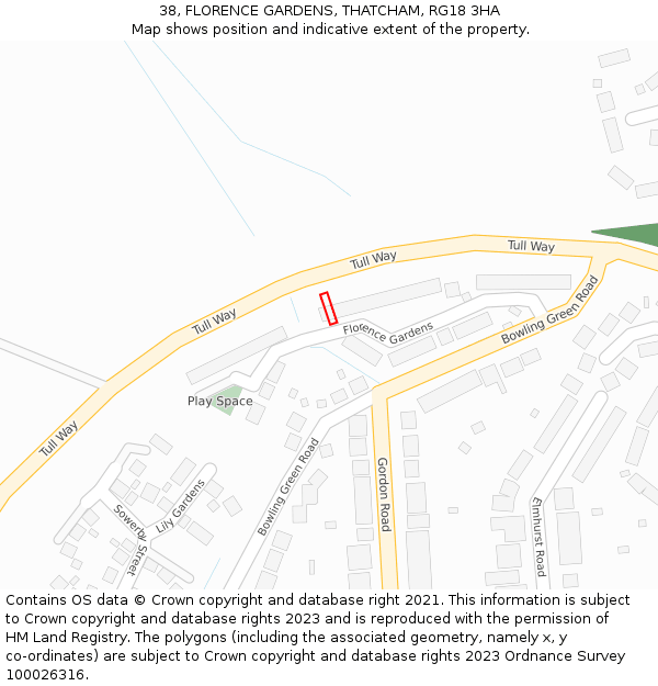 38, FLORENCE GARDENS, THATCHAM, RG18 3HA: Location map and indicative extent of plot