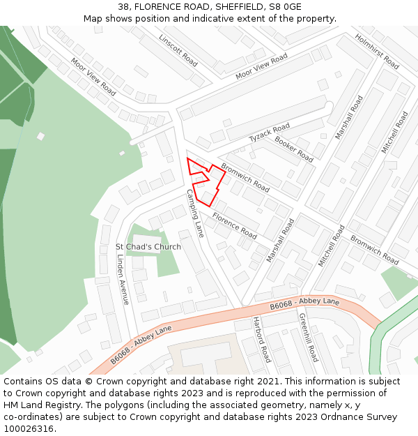 38, FLORENCE ROAD, SHEFFIELD, S8 0GE: Location map and indicative extent of plot