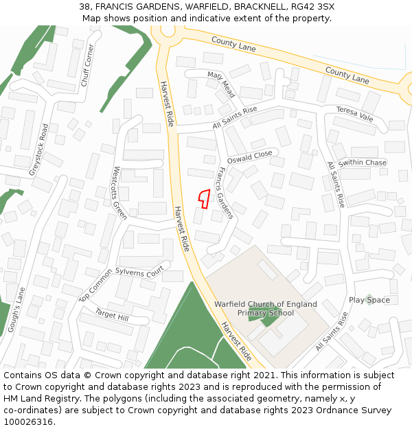 38, FRANCIS GARDENS, WARFIELD, BRACKNELL, RG42 3SX: Location map and indicative extent of plot