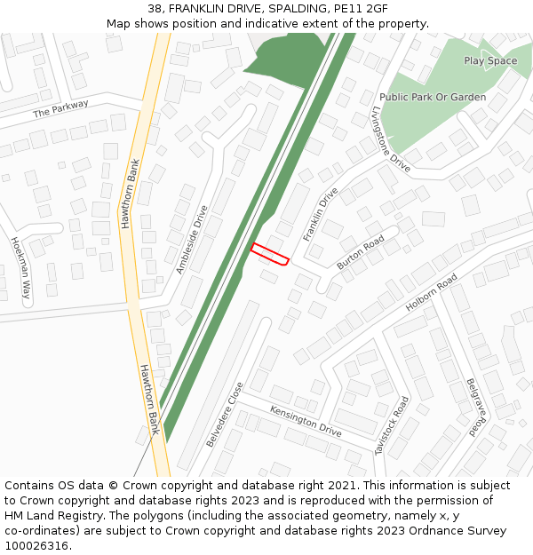 38, FRANKLIN DRIVE, SPALDING, PE11 2GF: Location map and indicative extent of plot