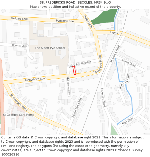 38, FREDERICKS ROAD, BECCLES, NR34 9UG: Location map and indicative extent of plot