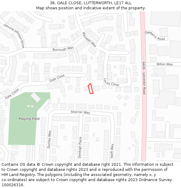 38, GALE CLOSE, LUTTERWORTH, LE17 4LL: Location map and indicative extent of plot