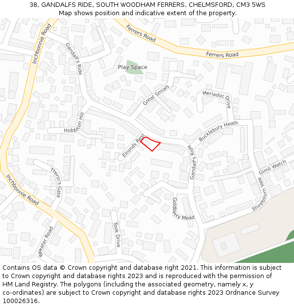 38, GANDALFS RIDE, SOUTH WOODHAM FERRERS, CHELMSFORD, CM3 5WS: Location map and indicative extent of plot