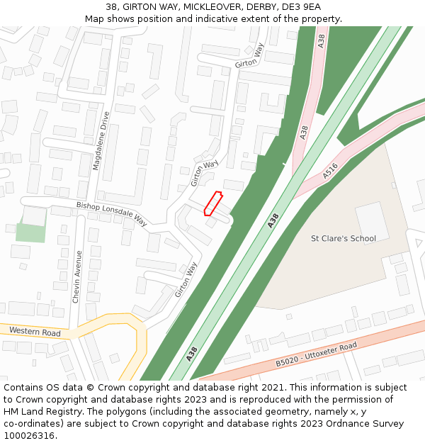 38, GIRTON WAY, MICKLEOVER, DERBY, DE3 9EA: Location map and indicative extent of plot