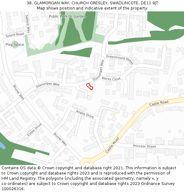 38, GLAMORGAN WAY, CHURCH GRESLEY, SWADLINCOTE, DE11 9JT: Location map and indicative extent of plot