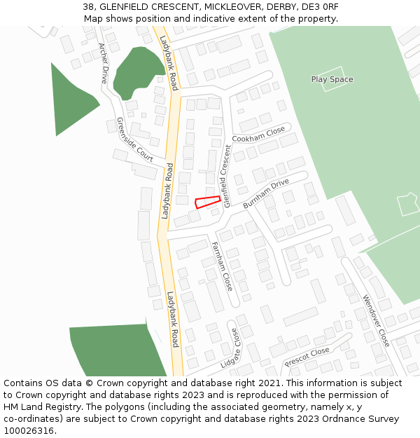 38, GLENFIELD CRESCENT, MICKLEOVER, DERBY, DE3 0RF: Location map and indicative extent of plot