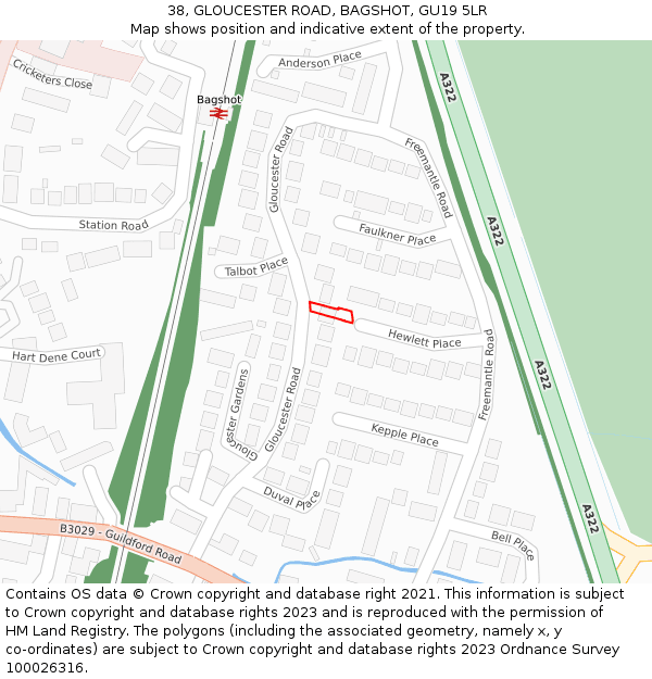 38, GLOUCESTER ROAD, BAGSHOT, GU19 5LR: Location map and indicative extent of plot