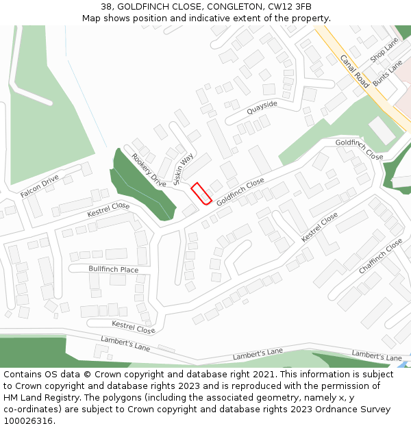 38, GOLDFINCH CLOSE, CONGLETON, CW12 3FB: Location map and indicative extent of plot