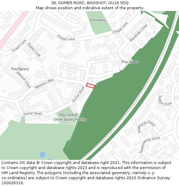 38, GOMER ROAD, BAGSHOT, GU19 5DQ: Location map and indicative extent of plot