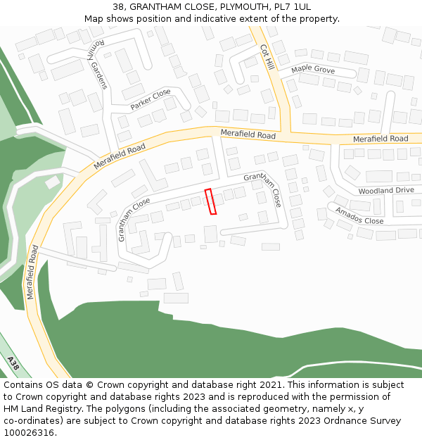 38, GRANTHAM CLOSE, PLYMOUTH, PL7 1UL: Location map and indicative extent of plot