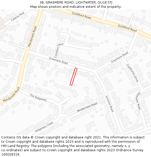 38, GRASMERE ROAD, LIGHTWATER, GU18 5TJ: Location map and indicative extent of plot