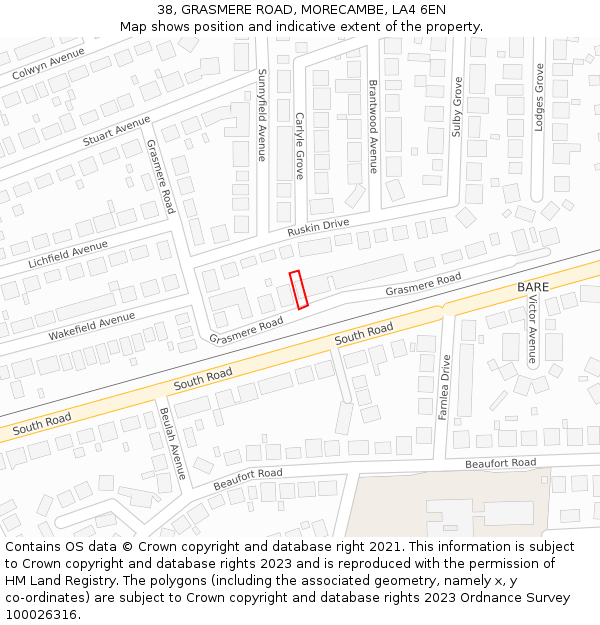 38, GRASMERE ROAD, MORECAMBE, LA4 6EN: Location map and indicative extent of plot