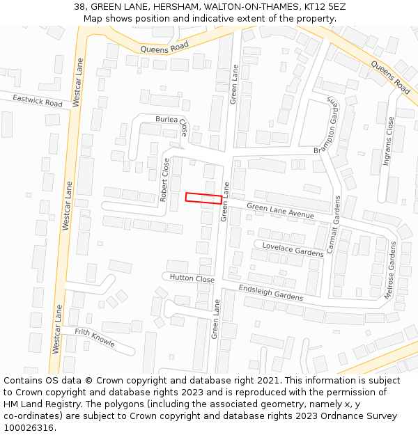 38, GREEN LANE, HERSHAM, WALTON-ON-THAMES, KT12 5EZ: Location map and indicative extent of plot