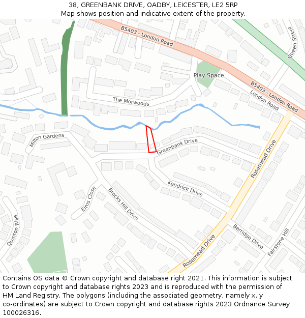 38, GREENBANK DRIVE, OADBY, LEICESTER, LE2 5RP: Location map and indicative extent of plot