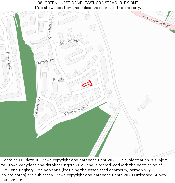 38, GREENHURST DRIVE, EAST GRINSTEAD, RH19 3NE: Location map and indicative extent of plot