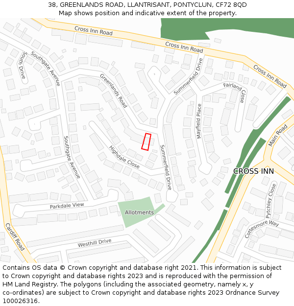 38, GREENLANDS ROAD, LLANTRISANT, PONTYCLUN, CF72 8QD: Location map and indicative extent of plot