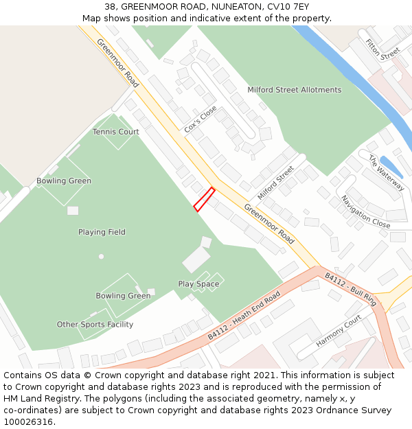 38, GREENMOOR ROAD, NUNEATON, CV10 7EY: Location map and indicative extent of plot