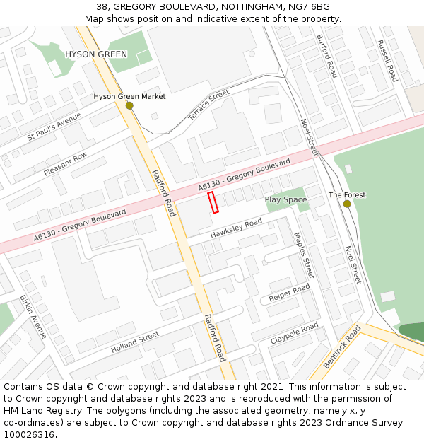 38, GREGORY BOULEVARD, NOTTINGHAM, NG7 6BG: Location map and indicative extent of plot