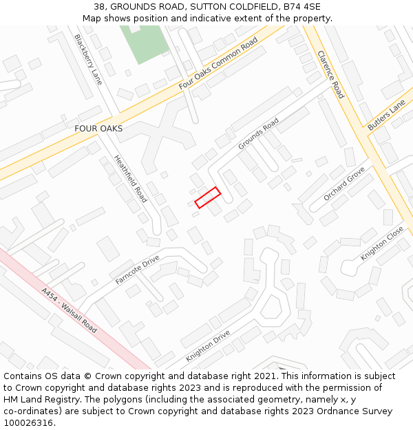 38, GROUNDS ROAD, SUTTON COLDFIELD, B74 4SE: Location map and indicative extent of plot