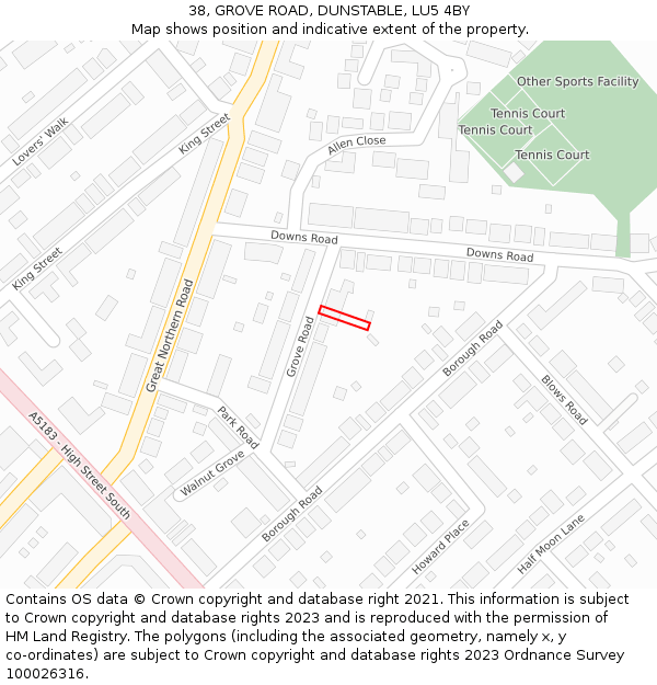 38, GROVE ROAD, DUNSTABLE, LU5 4BY: Location map and indicative extent of plot