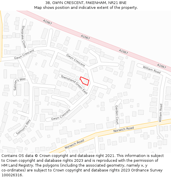 38, GWYN CRESCENT, FAKENHAM, NR21 8NE: Location map and indicative extent of plot