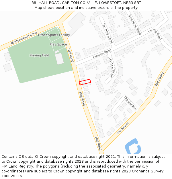 38, HALL ROAD, CARLTON COLVILLE, LOWESTOFT, NR33 8BT: Location map and indicative extent of plot