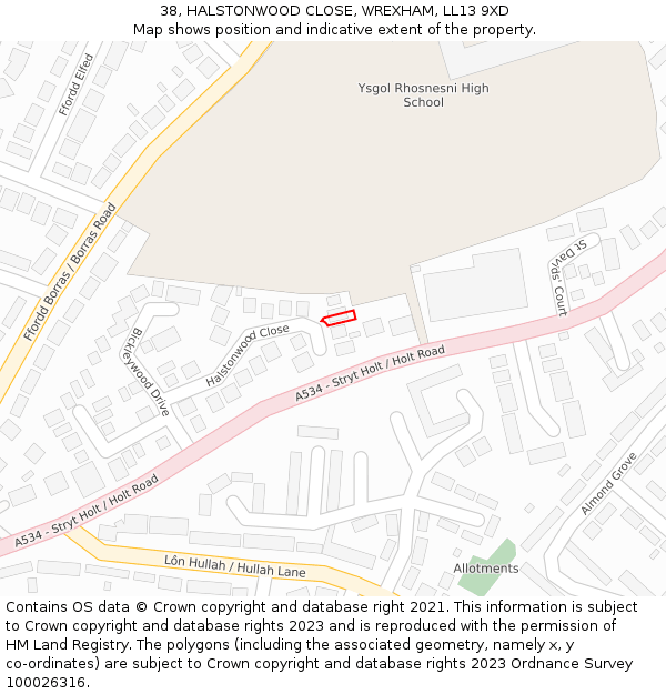 38, HALSTONWOOD CLOSE, WREXHAM, LL13 9XD: Location map and indicative extent of plot